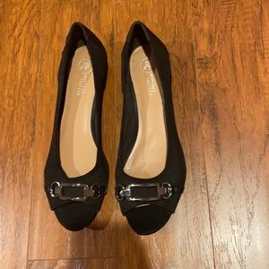 Peep toe flats with silver buckle